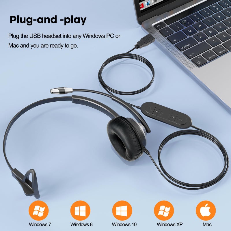 MKJ USB Headset with Microphone for PC, Computer Headset with Noise Cancelling Mic for Call Center and Office, Wired Headphones for Laptop UC Platforms Business Ms Teams Zoom Webex Facetime - Image 4